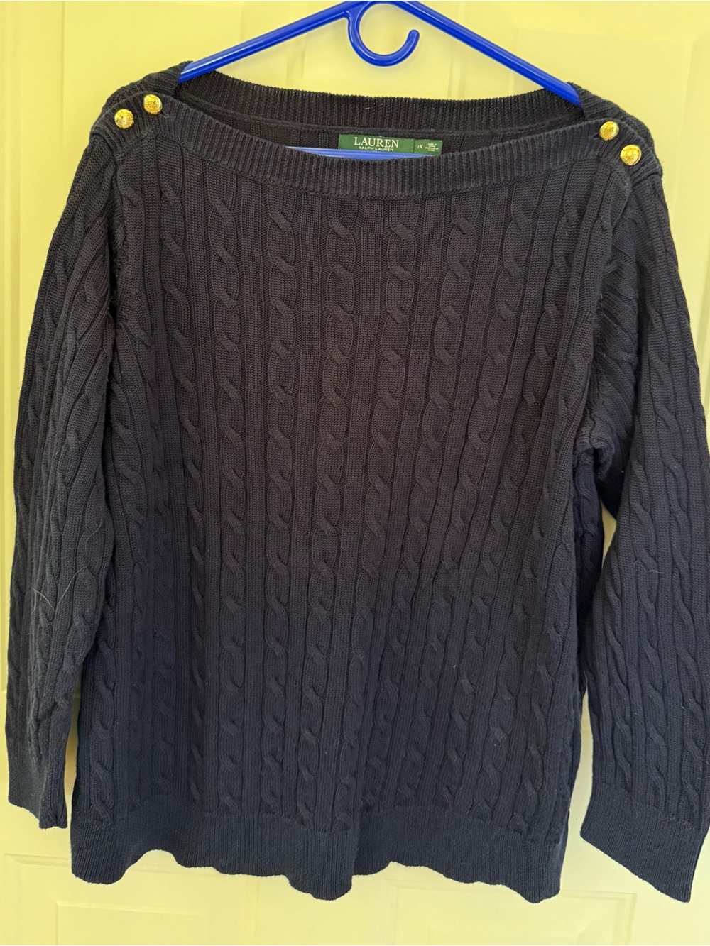 Lauren Ralph Lauren Navy Cable Knit Boatneck Sweater with Gold Buttons